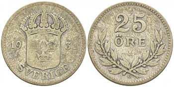 Швеция 25 эре 1931 G, Густав V (1907-1950) KM 785 серебро 3309-914