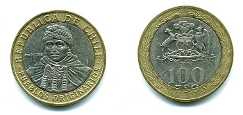 Чили 100 песо 2009 индейцы Мапуче KM 236 биметалл 29-831