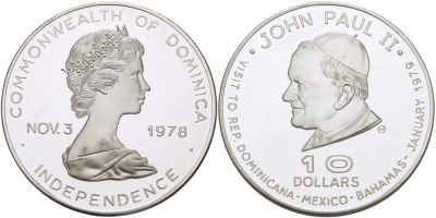 Доминика 10 долларов 1979 визит Папы Иоанна Павла II, тираж 3450 экземпляров KM 16 серебро PROOF 01-171-23