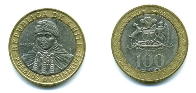 Чили 100 песо 2009 индейцы Мапуче KM 236 биметалл 29-831