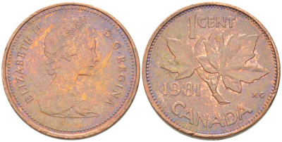 Канада 1 цент 1981 Елизавета II (1952-2022), кленовый лист KM 127 бронза 75-1252