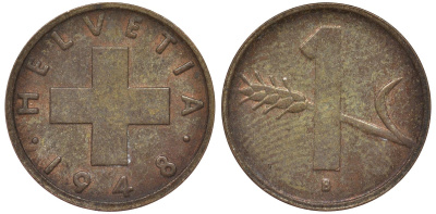 Швейцария 1 раппен 1948 KM 46 бронза 4164-139