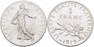 ФРАНЦИЯ 1 ФРАНК 1919 ТИП СЕЯТЕЛЬ KM 844.1, LE FRANC 217.25 серебро 202-126