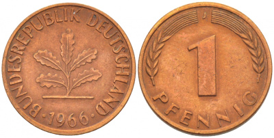 ФРГ 1 ПФЕННИГ 1966 J KM 105, J.380 сталь плакированная медью 4396-1516