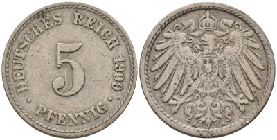Германия 5 пфеннигов 1909 J KM 11, J. 12 медно-никель 4151-516