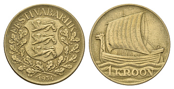 Эстония 1 крона 1934 год-тип KM 16 алюминиевая бронза 4364-2657