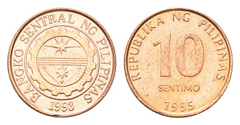 Филиппины 10 сентимо 1995 KM 270 сталь плакированная медью UNC 4705-756