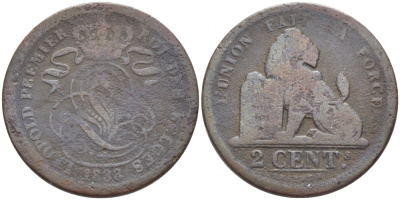 БЕЛЬГИЯ 2 САНТИМА 1833 BELGES KM 4.1 медь 110-527