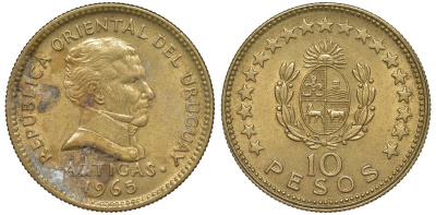 Уругвай 10 песо 1965 KM 48 алюминиевая бронза 88-414