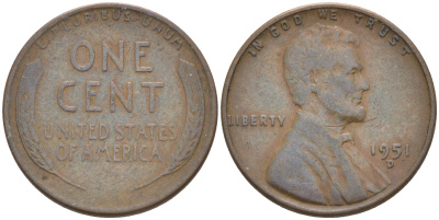 США 1 ЦЕНТ 1951 D ЛИНКОЛЬН KM A132 медь цинк 187-1134