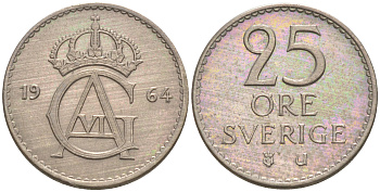 Швеция 25 эре 1964 Густав VI Адольф (1950-1973) KM 836 медно-никель UNC 187-818