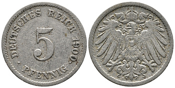 ГЕРМАНИЯ 5 ПФЕННИГОВ 1900 J KM 11, J. 12 медно-никель 39-741