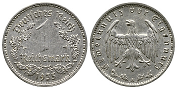 ГЕРМАНИЯ 1 РЕЙХСМАРКА 1935 А KM 78, J. 354 никель 4380-526