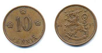 Финляндия 10 пенни 1937 KM 24 медь 51-5553