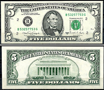 США 5 долларов 1988 B - Нью-Йорк. Президент Авраам Линкольн Pick 481 b бумага аUNC 6294-25-4-1