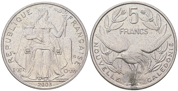 Французская Новая Каледония 5 франков 2003 птица кагу, (IEOM) KM 16, Schoen 12, Lec 81h алюминий 189-1142
