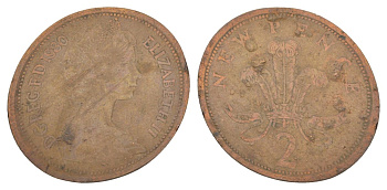 Великобритания 2 пенса 1980 монета вытянута с помощью специального аппарата для туристов, Елизавета II (1952-2022) KM 916, Spink 4235 (C1) бронза 4633-822