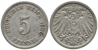 ГЕРМАНИЯ 5 ПФЕННИГОВ 1900 J KM 11, J. 12 медно-никель 39-741