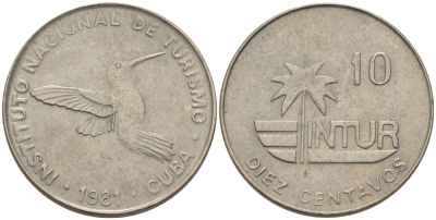 Куба 10 сентаво 1981 туристические деньги, INTUR, visitor's coinage, большая 10 KM 415.1 медно-никель 67-531
