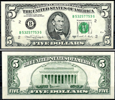 США 5 долларов 1988 B - Нью-Йорк. Президент Авраам Линкольн Pick 481 b бумага аUNC 6294-25-4-1