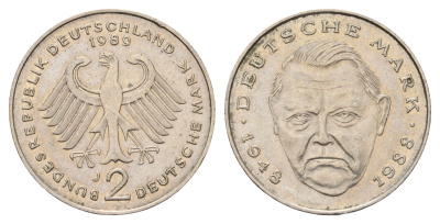 ФРГ 2 марки 1989 J, Людвиг Эрхард, 40 лет Федеративной Республике KM 170, J. 445 медно-никель плакированный никелем 183-216