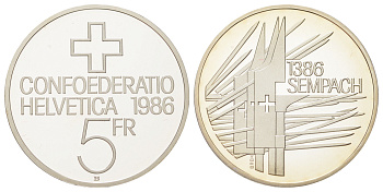 Швейцария 5 франков 1986 600 лет битве при Земпахе, в оригинальной упаковке KM 65 медно-никель PROOF 5-6-3-48