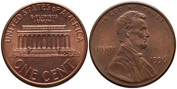 США 1 ЦЕНТ 1996 ЛИНКОЛЬН KM 201b цинк плакированный медью 66-1068