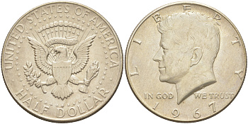 США 1/2 доллара (50 центов) 1967 Джон Кеннеди KM 202a серебро 4111-826