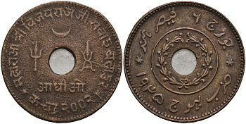 Индия, Кач 1 адхио (1/2 кори) 1945 VS2002, Виджаяраджи (1942-1947) KM 80 медь 1528-122