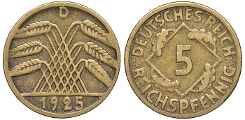 Германия 5 рейхспфеннигов 1925 D KM 39, J. 316 алюминиевая бронза 4602-1238