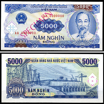 Вьетнам 5000 донгов 1991 образец, Specimen (Tienmau), Хо Ши Мин, ГЭС Pick 108 s  бумага  UNC (пресс) 451-967-1