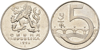 Чехия 5 крон 1993 чешский лев, Карлов мост KM 8 сталь плакированная никелем 4156-211