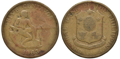 ФИЛИППИНЫ 5 СЕНТАВО 1963 KM 187 латунь 4182-242