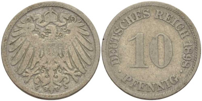 ГЕРМАНИЯ 10 ПФЕННИГОВ 1898 D KM 12, J. 13 медно-никель 4401-1024