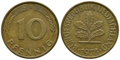 ФРГ 10 ПФЕННИГОВ 1978 G KM 108, J.383 сталь плакированная латунью 41-1012