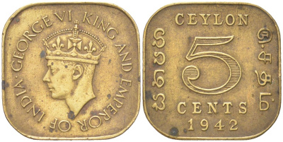Цейлон 5 центов 1942 KM 113.1 никель латунь 4621-919