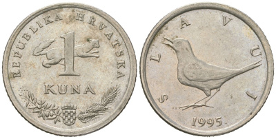 Хорватия 1 куна 1995 западный соловей, легенда на хорватском KM 9.1 медь цинк никель aUNC 4448-427
