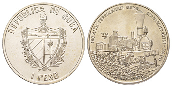 Куба 1 песо 1996 150 лет испано-швейцарским железным дорогом, паровоз KM 835 медно-никель  UNC 00-00
