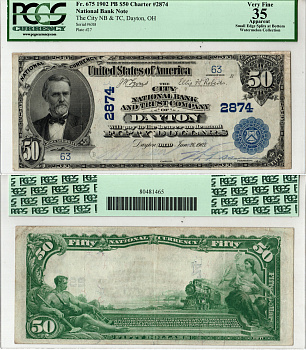 США, National Bank Note 50 долларов 1902 Национальный Банк и Трастовая Компания Сити, Дейтон, Огайо. В слабе компании PCGS Currency. Сохранность - «35 Apparent». Fr. 675  бумага   10-2-39