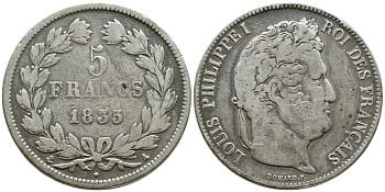 Франция 5 франков 1835 А, Луи Филипп I (1830-1848) KM 749.1 серебро 79-1034