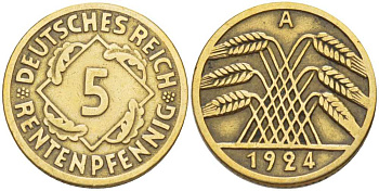 ГЕРМАНИЯ 5 РЕНТЕНПФЕННИГОВ 1924 A KM 32, J. 308, Weege 6 алюминиевая бронза 211-545