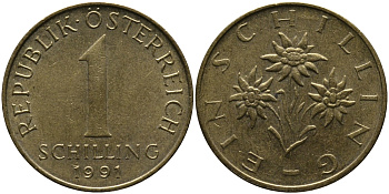 АВСТРИЯ 1 ШИЛЛИНГ 1991 KM 2886 алюминиевая бронза 33-542