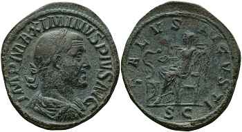 Римская Империя сестерций 235 - 236 Максимин Фракиец SALVS AVGVSTI Салюта, персонификация Здоровья, Рим Good Very fine 21,75 гр RIC 64 бронза 1073-8-32