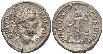 Римская Империя денарий 210 Септимий Север, SEVERVS PIVS AVG, бюст императора / PM TRP XVIII COS III PP, Юпитер, Рим, 3,30 гр RIC 233 серебро 1073-18-97