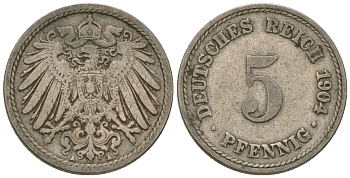 ГДР 5 пфеннигов 1904 А, KM 11, J. 12 медно-никель 3458-1117