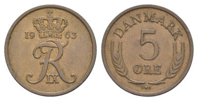 Дания 5 эре 1963 C; S, Фредерик IX (1947-1972) KM 848.1 бронза 4650-254