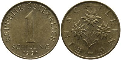 АВСТРИЯ 1 ШИЛЛИНГ 1991 KM 2886 алюминиевая бронза 33-542