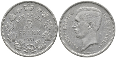 БЕЛЬГИЯ 5 ФРАНКОВ 1931 BELGEN KM 98 никель 83-1131