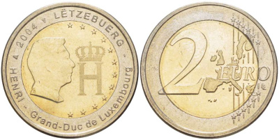 Люксембург 2 евро 2004 Портрет и монограмма герцога Люксембурга Анри Нассау KM 85 биметалл UNC 4517-644