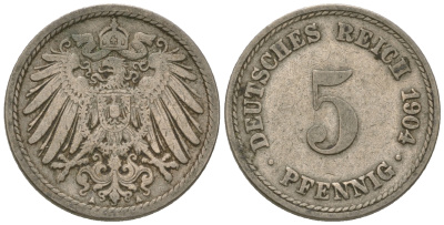 ГДР 5 пфеннигов 1904 А, KM 11, J. 12 медно-никель 3458-1117